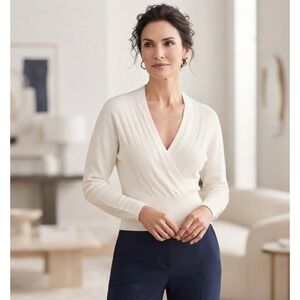 Runway 7 White Surplice Wrap Sweater V-Neck Pleated Knit Top Large NWT